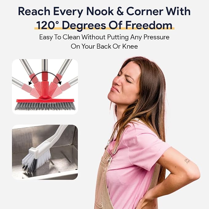 Foxtrot Living Grout Brush with Long Handle and Scrubber, Telescopic | V-shaped, telescopic handle, handheld scrubber included, for tile floors