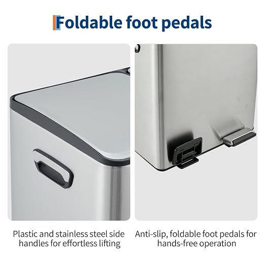 Dual Compartment Trash Can 40L (2x20L), Stainless Steel Recycling Bin with Removable Buckets, Soft Close Odor-Sealing Lid, Collapsible Pedal, Fingerprint Resistant for Home Kitchen or Office