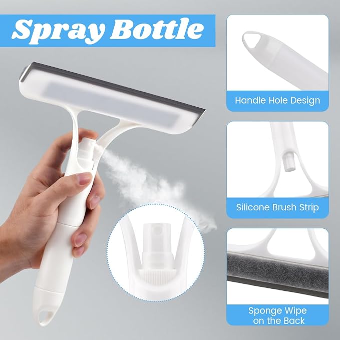 3 in 1 Window Cleaning Scraper with 2 Replaceable Cleaning Cotton Strips, 3 in 1 Spray Squeegee for Home Glass Doors Car Windows Glass, All-Purpose Window Cleaner Tool(1pc White & 1pc Blue)