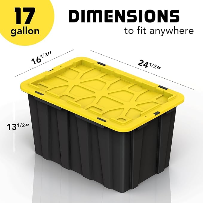 4 PACK of 17 Gallon Large Black & Yellow Storage Bins | Plastic Tote Organizing Container with Secure Latching Lids, Stackable, Extra Strength with Built in Handle | 24.5" x 16.5" x 13.5"