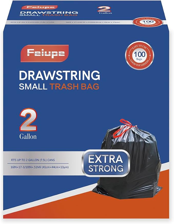 2 Gallon Trash Bag,100 Counts Strong Small Trash Bag Garbage Bags,Thick Drawstring Trash Can Liners for Bathroom Kitchen Bedroom Office Dorm (2, Gallons)