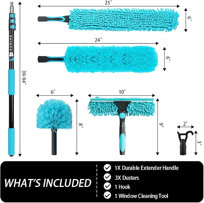 High Ceiling Duster Kit with 3-8FT Heavy Duty Extension Pole, Reaches Up to 13FT, Includes Microfiber Feather Duster, Cobweb and Ceiling Fan Duster, Window Squeegee Cleaner & Skylight Hook (8FT)