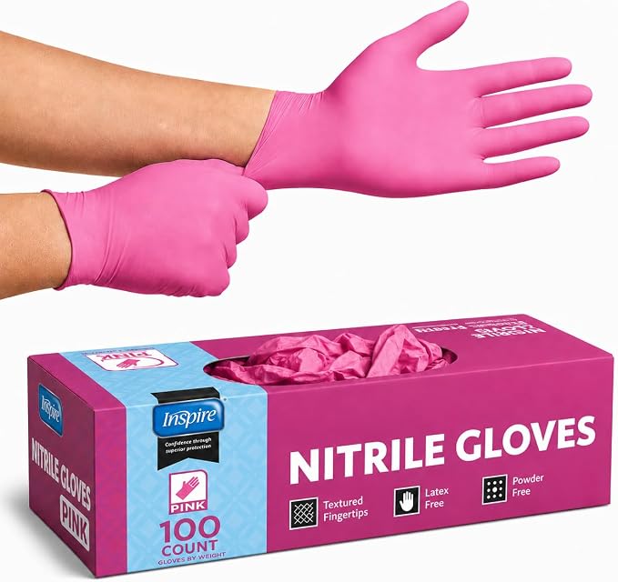 Inspire Pink Gloves Disposable Latex Free | Nitrile Pink Glove Hair and Nail Salon, Esthetician Nitrile Disposable Gloves