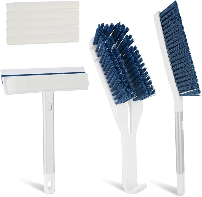 3 Pack Bathroom Shower Scrub Brush Set - Stiff Bristle Grout Cleaner Brush | 2-In-1 Detachable Shower Glass Squeegee with Replacement Sponges, Scrubbing Brushes for Cleaning Bathtub, Gaps, Tile, Sink