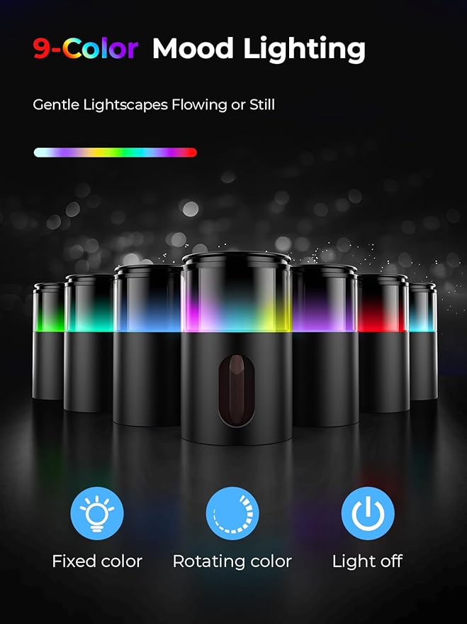 Waterless Essential Oil Diffuser: 𝟗-𝐂𝐨𝐥𝐨𝐫 𝐋𝐄𝐃 for Home | Portable Scent Diffuser - No Water No Heat For Pure Aroma - 48H Battery 3 Mist Levels & 4 Timers for Car Office