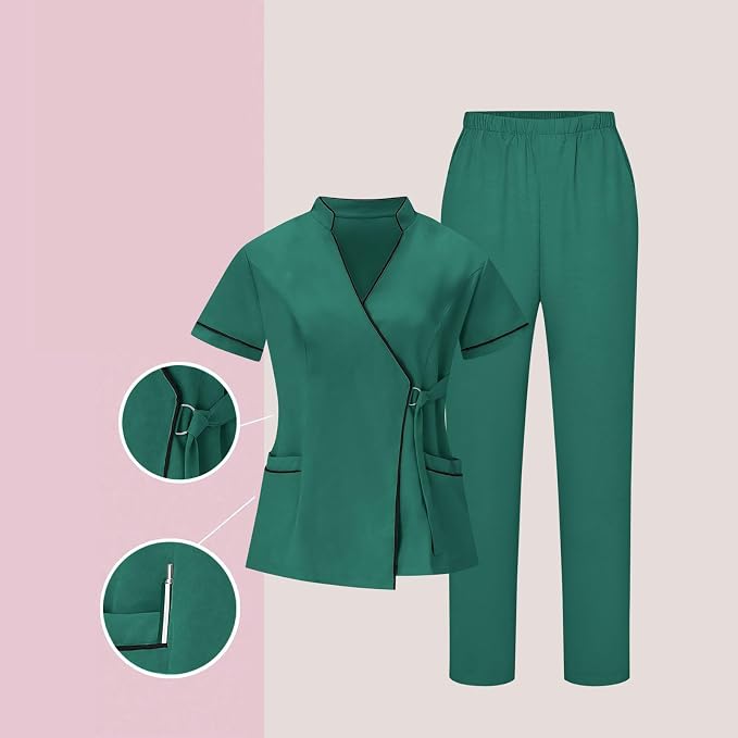 Housekeeping Uniforms for Women Hotel Cleaning Nurse Scrub Sets Stretch Wrap V-Neck Short Sleeve Top and Pants