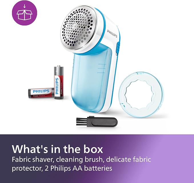 Philips Fabric Shaver, Removes Pills and Lint, Large Blade Surface, Blue | Removes Pills Fast – depiller for all garments, cleaning brush and batteries included, blue (GC026/00)