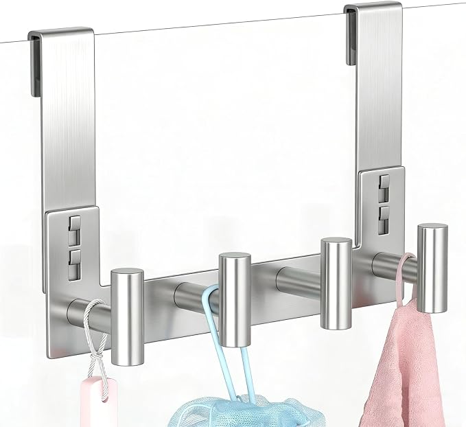 PMMASTO Long Shower Hanger for 3/8 Inch Glass, Silver- 4 Hooks, T Shape | Stainless Steel Hooks Organize Towels And Robes on Frameless Glass Shower Doors in Bathrooms