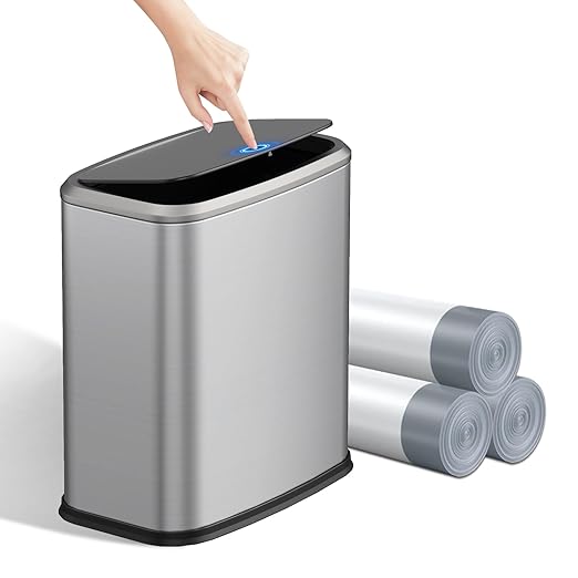 2.1 Gallon Bathroom Trash Can with Lid Press Top, 8 Liter Stainless Steel Garbage Can with Press Type Lid, Slim Trash Bin Waste Basket for Toilet, Office, Bedroom, Living Room (Silver)
