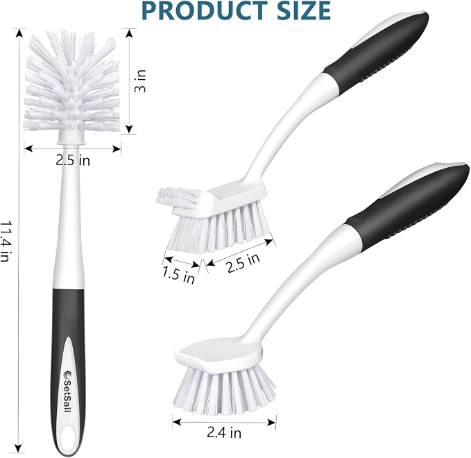 SetSail Dish Brush Set of 3 with Bottle Brush, Dish Scrub Brush with Long Handle Deep Cleaning Handle Brush with Scraper Tip for Kitchen Sink Dishes Bottle Cup Pot and Pans Tile Lines, Black | Built-In Scraper Tip, Non-Slip Rubber Handle, Pet Stiff Bri...
