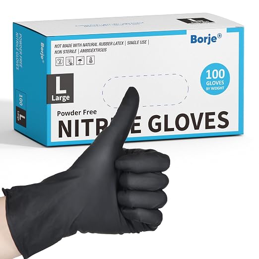 Borje Nitrile Gloves Large, 100 Count Disposable Gloves, Black, Latex-Free Powder-Free, Medical Exam, Food Safe, Cleaning, Cooking