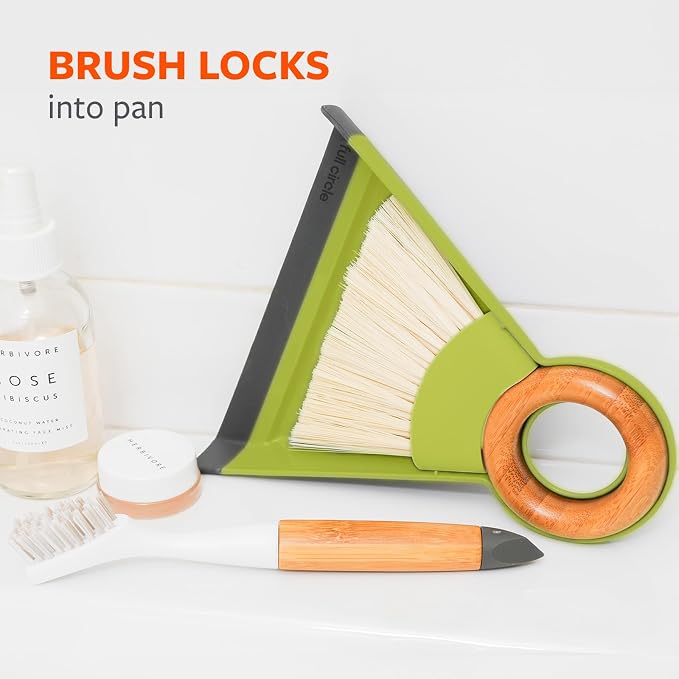 Full Circle Tiny Team Mini Brush & Dustpan Set - Green | Compact and perfect for quick countertop cleanups in the kitchen, on desks, or anywhere crumbs collect.