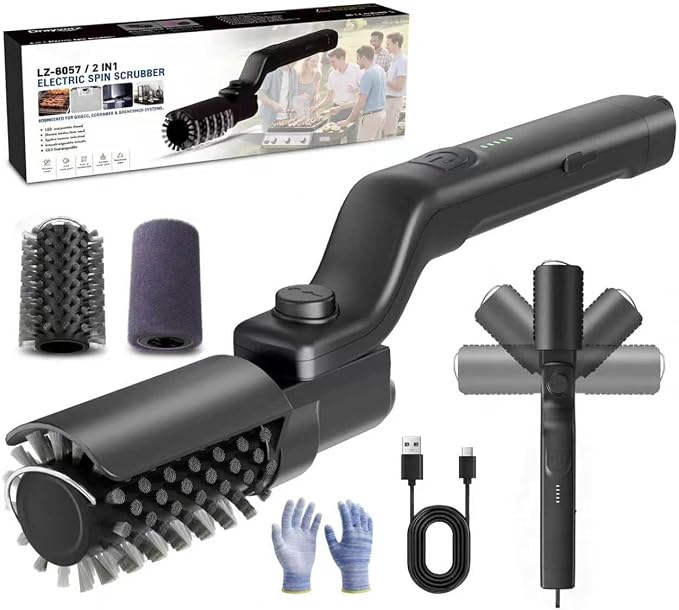 Electric Grill Brush, Spin Cordless Electric Barbecue Brush Grill -Black | 2026 USB Grill Electric Brush with Bristle & Scouring Roller Heads, 150Mins Runtime, 3 Speeds, IPX7 for Grates, Stovetop