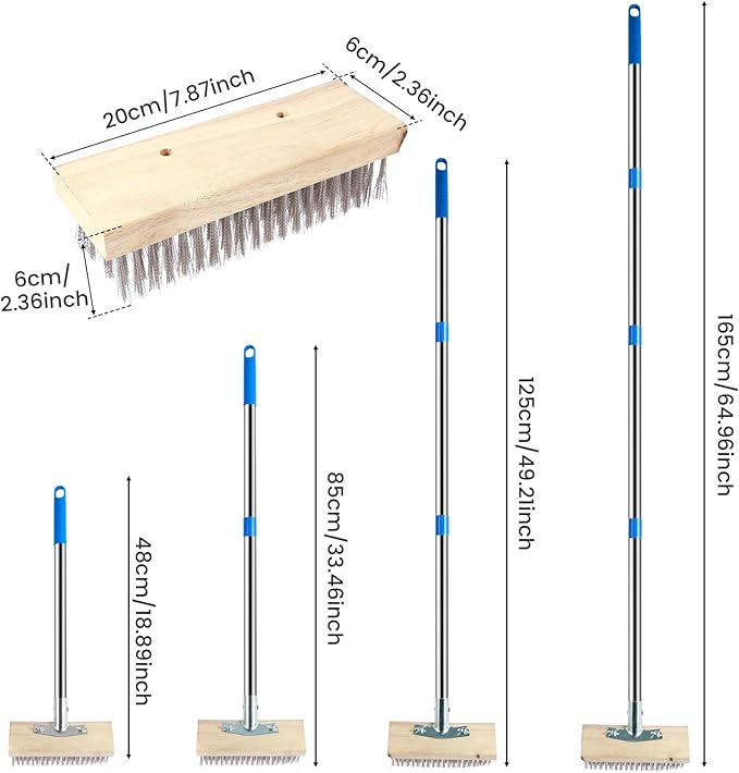 Stainless Steel Deck Scrub Brush with Detachable Long Handle Poles | Adjustable Wire Broom with 4 Detachable Pole Sections, Heavy Duty Metal Wire Floor Scrubber for Garden Cleaning