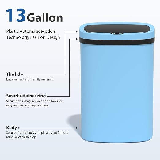 13 Gallon/50 L Kitchen Trash Can with Lid, Garbage Can with Touch-Free Lid, Cute Automatic Trash Can Bathroom Trash Bin, Motion Sensor Waterproof Trash Bin