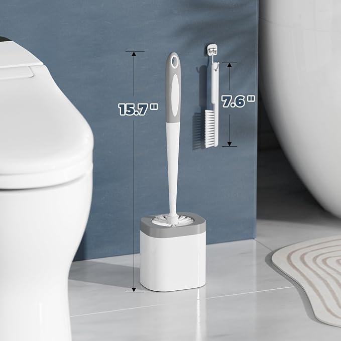 Holaloha Toilet Brush and Holder Set, Space Saving, 3 Pack, White | Bathroom Accessories, Ergonomic Silicone Handle, Dense Bristles, Deep Cleaning, with 3 Crevice Brushes, Compact Design
