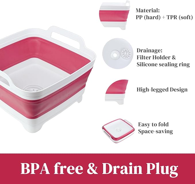 GIMWA Collapsible Wash Basin for Baby Bottles - 2.4 Gallons Portable Dish Basin for RV Camping Sink, Space-Saving Dish Tub For Bottle Washing (Viva Magenta)