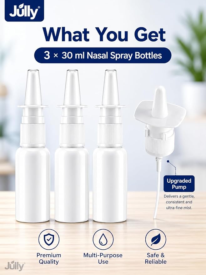 JULLY! 3-Pack 30ML Unique Mist Nasal Spray Bottle – Refillable Pump Sprayer for Nose, Durable HDPE Plastic, Leak-Proof Travel Size for Saline, Personal Care & Home Use, Easy-to-Use Dosage Mechanism