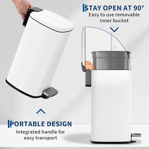 Garvee Bathroom Trash Can with Lid, 2.4 Gallon Slim Garbage Can, White | Step Pedal, Soft-close Lid, Rear Handle, Removable Plastic Inner Liner with Trash Bag Retainer Ring, for Kitchen, Office