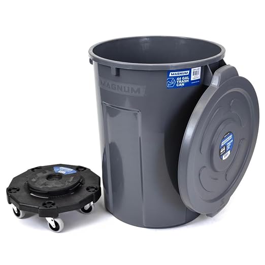Magnum Gray 44 Gallon Trash Can Set (Trash Can, Quiet Dolly, and Reinforced Lid), Construction Grade, Jobsite Ready for Handling and Rolling Garbage CMTC-CLD0-44G01 (1 Set)