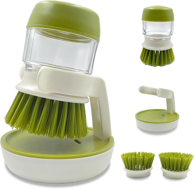 Dish Scrubber with soap Dispenser,ABS Bristle Material,Kitchen Brush with Holder for Pot Pan Sink Cleaning Green