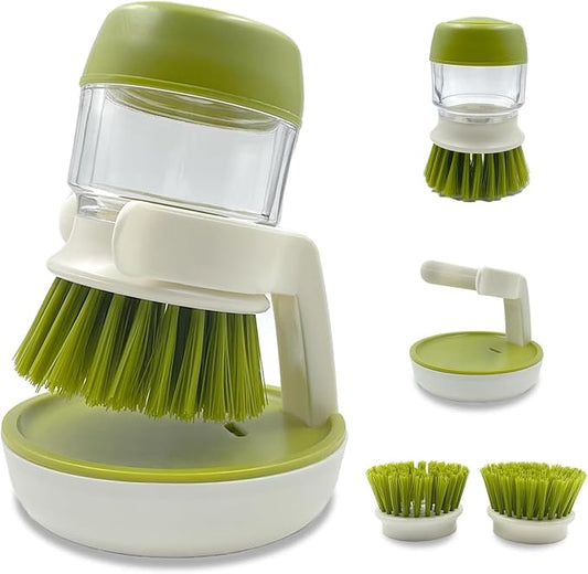 Dish Scrubber with soap Dispenser,ABS Bristle Material,Kitchen Brush with Holder for Pot Pan Sink Cleaning Green