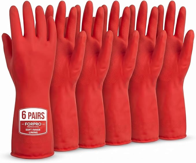 ForPro Natural Rubber Gloves, 6 Pairs Reusable Multi-Purpose Household Cleaning Gloves with Soft Inner Lining, Waterproof & Chemical-Resistant, Wild Cherry, X-Large