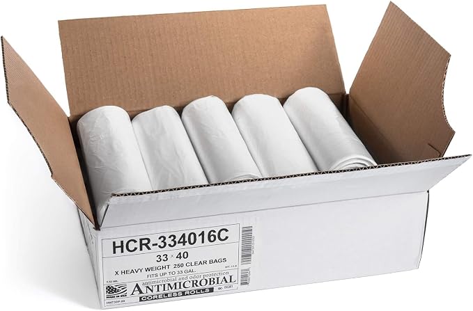 Aluf Plastics HCR-334016C 33 Gallon Clear Trash Bags (250 Count) - 33" x 40" - 16 Micron Equivalent High Density Value Garbage Bags for Bathroom, Office, Industrial, Commercial, Janitorial, Municipal,