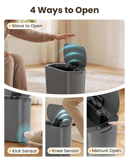 Cesun 5 Gallon Automatic Bathroom Trash Can with Lid, Grey, Touchless | Motion Sensor, Slim, Small Smart Garbage Bin, Plastic, Battery Operated, Manual Button, for Office/RV/Bedroom/Living Room