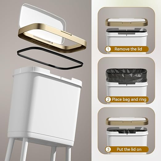Procade 4 Gallon Bathroom Trash Can on Wheels,Slim Rolling Gold Garbage Can | Tall Skinny Trash Bin with Legs and Pop-Up Lid,Dog Proof Trash Bin,White Plastic Garbage Bin for Near Desk,Bedroom,Kitchen