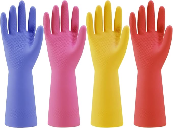 JWANG Rubber Kitchen Dishwashing Gloves - 4 Pairs Colorful Reusable Household Cleaning Gloves for Washing Dishes and Cleaning Tasks, Flexible Long-lasting and Non-Slip (Medium, Blue+Pink+Yellow+Red)