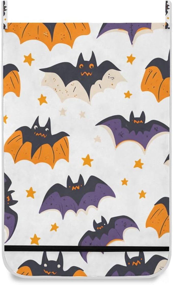 White Halloween Bats and Stars Hanging Laundry Hamper Door Hampers Bag Basket with Stainless Steel Hooks Oxford Fabric Printing Decorative Clothes Bags 29.5X20inch 2Pack