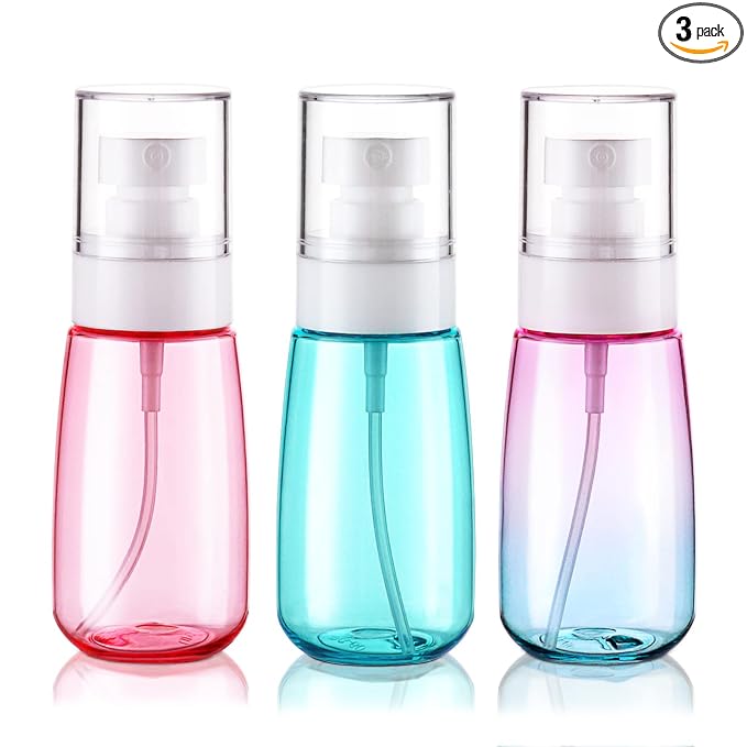 Travel Spray Bottle TSA Approved 2oz 3 PCS Fine Mist Spray Bottles | Leak Proof, 60ml Empty Plastic Refillable Spray Bottle, for Perfume, Essential Oils, Toners Rose Water, Cosmetics (3color)