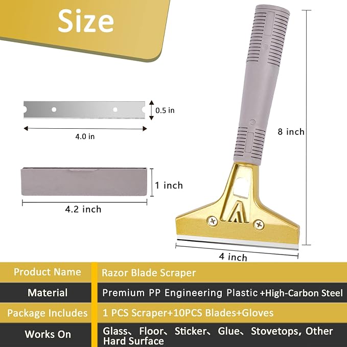 Razor Blade Scraper,Floor Scraper Tool with 30PCS Extra Blades,Paint Scraper Ideal for Cleaning Stove Top,Windows,Glass,Tiles,Wall,Labels.(4 in,Metal) | 4"Heavy-Duty Floor Scraper,Ideal for Cleaning Windows,Glass,Tiles,Wall,Labels,DIY Renovators,Profes...
