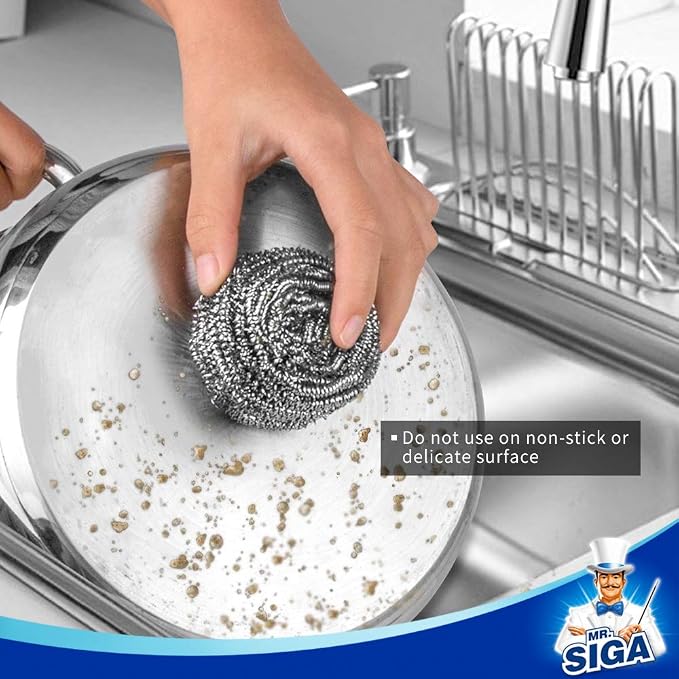 MR.SIGA Stainless Steel Scourer, Steel Wool Scrubbers, Pack of 6 | Scouring pads for cleaning tough baked-on messes, metal scrubbers for cleaning dishes pots, pans, grills and sinks