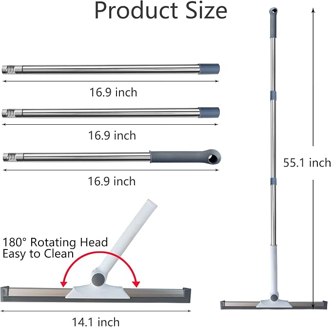 Silicone Air Broom Sweeper Squeegee for Cleaning Pet Hair Grey | Adjustable Small Handle to Clean Floor, Bathroom, Kitchen, Glass, Window, Water