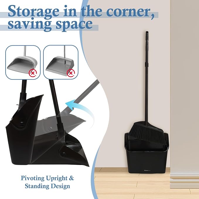 Broom and Dustpan Set， Dust Pan and Broom Combo | Long Handle and Wheels, Upright Standing，Heavy Duty，Large， for Indoor Outdoor, Kitchen, Garage, Restaurant Cleaning –Black