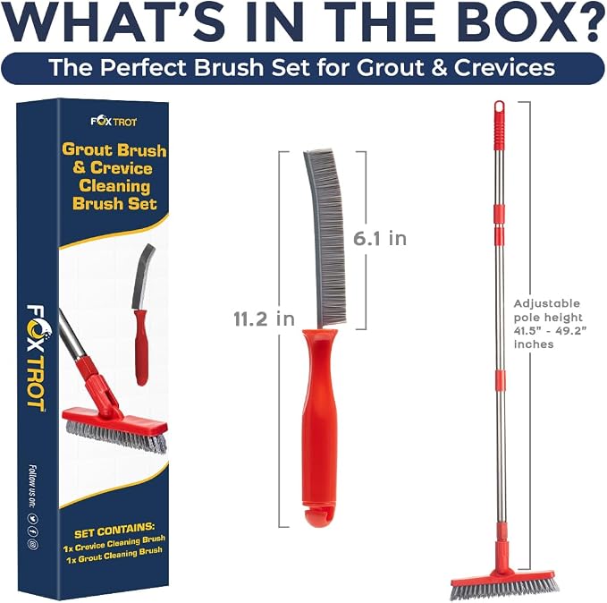 Foxtrot Living Grout Brush with Long Handle and Crevice Cleaning Brush Set | V-shaped, telescopic handle, crevice cleaning included, Grout cleaner for tile floors