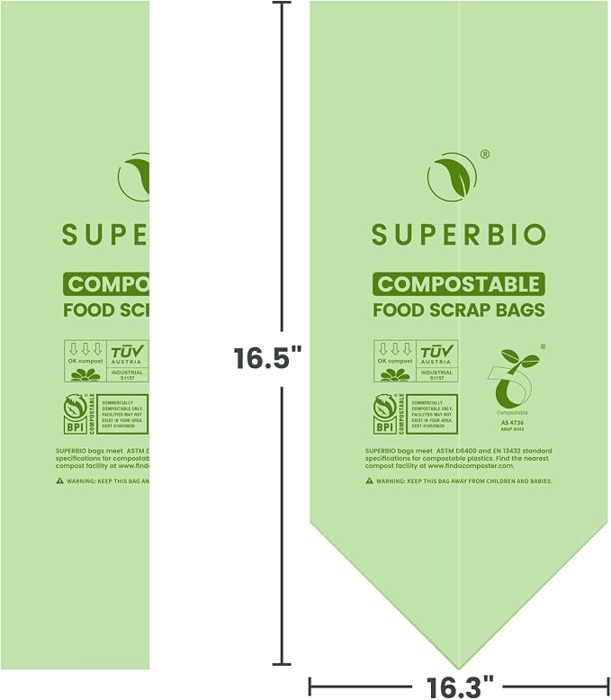 SUPERBIO 2.6 Gallon Compostable Food Waste Bags, 100 Count, 1 Pack | Flat Top Food Scrap Bags, 9.84L, ASTM D6400, Certified by BPI and OK compost HOME