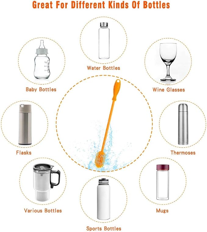 Silicone Bottle Brush with Long Handle, 12.5" Bottle Cleaning Brush, Orange | Water Bottle Cleaner for Baby Bottles, Hydro Flask, Sports Bottle, Vase, Glassware, for Smaller Diameter Bottle Openings