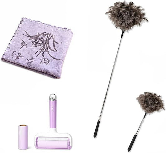 Telescopic Feather Duster Cleaning Kit, Extendable Stainless Steel Duster | 47.2 in, Faux Ostrich Feather, Scratch-Free for Home High-Place Cleaning, Comes with Microfiber Cloth & 60-Use Lint Roller