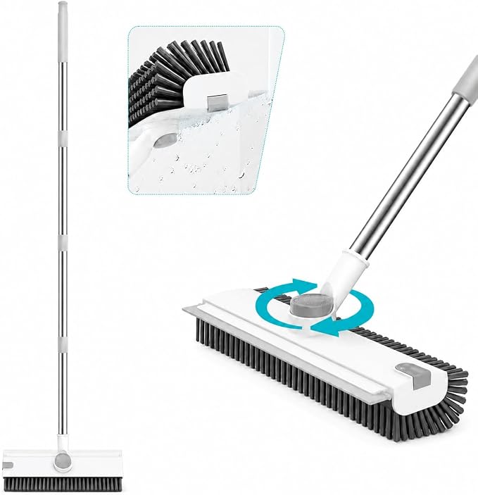Ceruaxb Floor Scrub Brush with Long Handle, 3 in 1 Floor Scrubber, White | Stiff Bristles, Built-In Squeegee and Hidden Tweezers for Shower, Tile, Grout, Kitchen, Patio, Garage and Deck Cleaning
