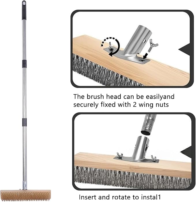 Deck Brush with Long Handle, Wire Deck Scrub Brush, High Efficiency Stainless Steel Deck Scrubber for Cleaning Concrete Patio Floor