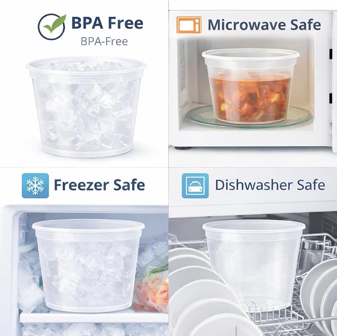 64 oz [6-Pack] BPA Free Microwavable Plastic Deli Containers with Lids | Leak-resistant, stackable and freezer-safe design keeps soups, leftovers and large portions fresh
