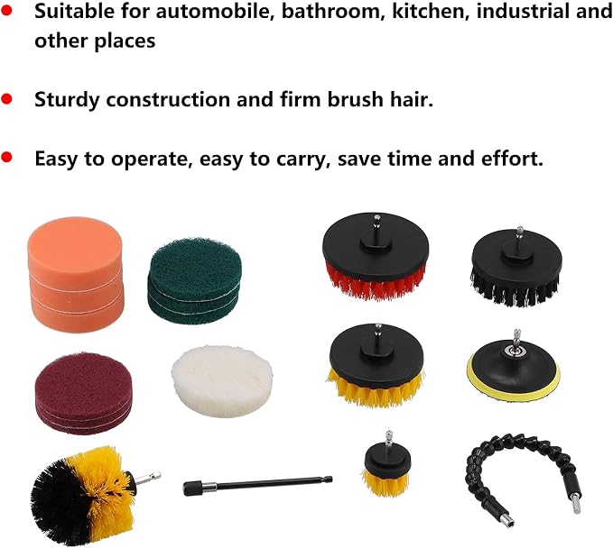 19PCS Drill Brush Kit, Power Scrubber Cleaning Set with Scouring Pads and Polishing Sponges for Electric Drill, Heavy-Duty Cleaning Tools for Car, Bathroom, Kitchen
