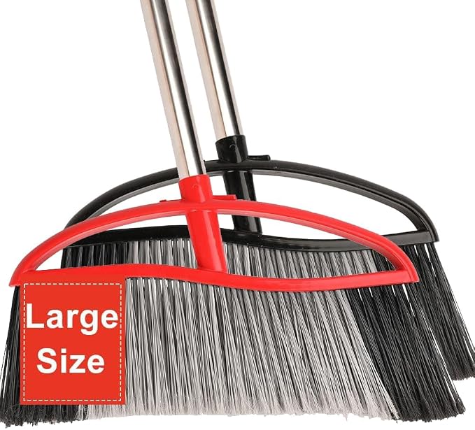 2-Pack Outdoor Broom, 15.7" Wide Angle Head for Garden, Yard | Wide Broom Covers More Area, Adjustable 38-53.5" Handle ( Black & Red )