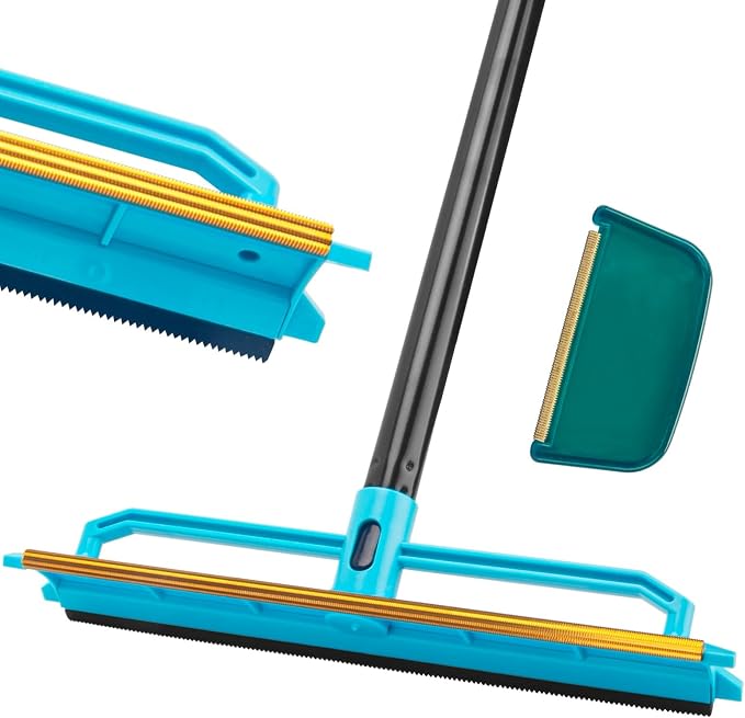 Carpet Rake Pet Hair Removal Tool with 56" Long Handle | Reusable Pet Hair Remover Broom, Cat & Dog Hair Carpet Scraper for Rugs Mats Couch