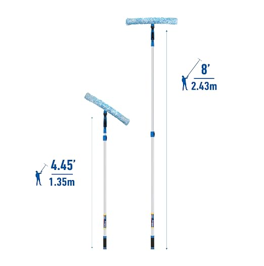 Unger Professional Connect and Clean 18” Grip Microfiber Window Scrubber with 8’ Pole, High-Access Glass Surface Household Cleaning Supplies and Tools, Reusable Microfiber Sleeve
