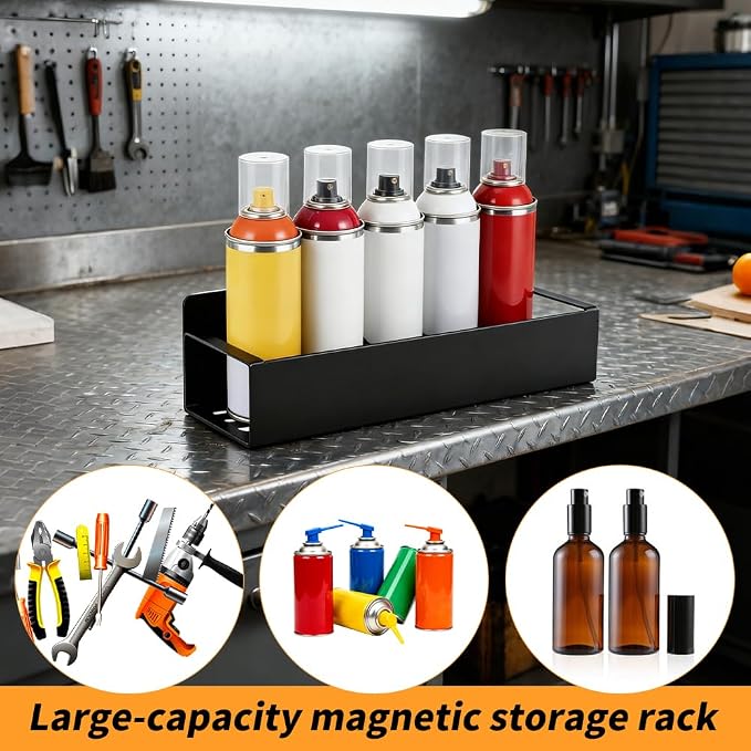 2 Pcs Magnetic Spray Can Holder with Hooks, Magnet Toolbox Holder, Wall Mounted Spray Bottle Rack, Paint Can Organizer, Tool Box Storage Rack for Garage, Mechanic, Workshop and Home