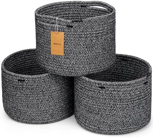 3 Pack Small Rope Storage Baskets, 9.82×9.82×7.1", Black | Cotton Basket for Gifts Empty, Cute Round Woven Basket, Decorative Shelf Basket Organizer, Organizing Basket for Shelves